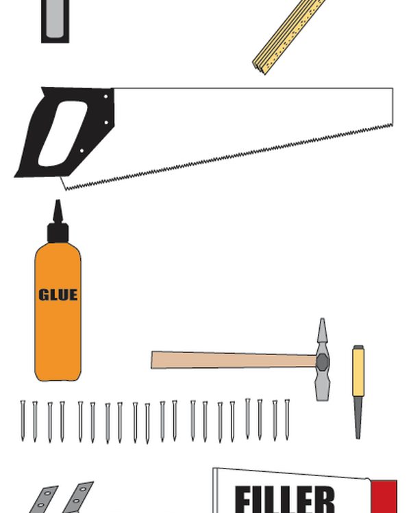 A drawing of the tools needed: set square, rule, saw, glue, hammer, nails, angle irons and screws