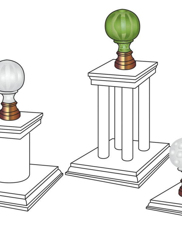 A line drawing of three finials on turned pedestals as a hat stand