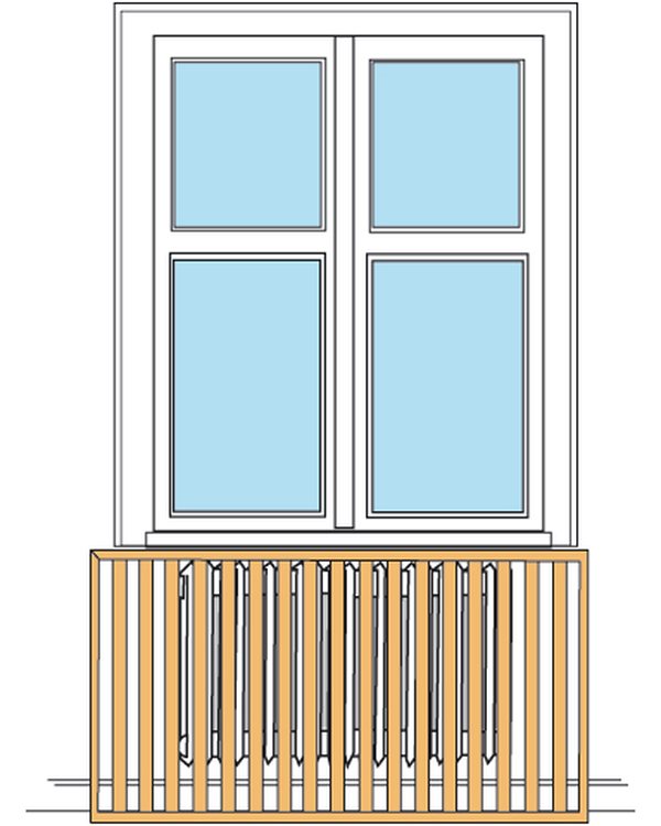A line drawing of the slatted cot base fitted below a window as a radiator cover