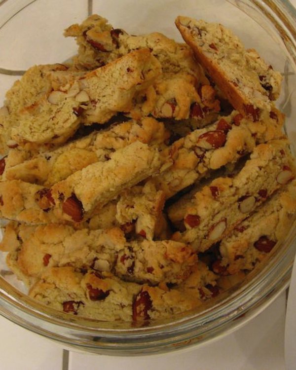 The finished biscotti piled in a glass bowl