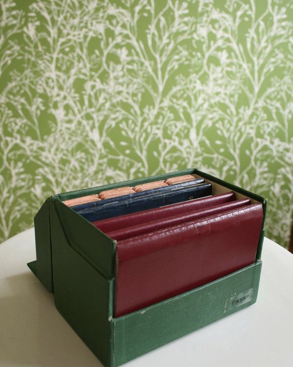 The box open, showing the red index cards inside