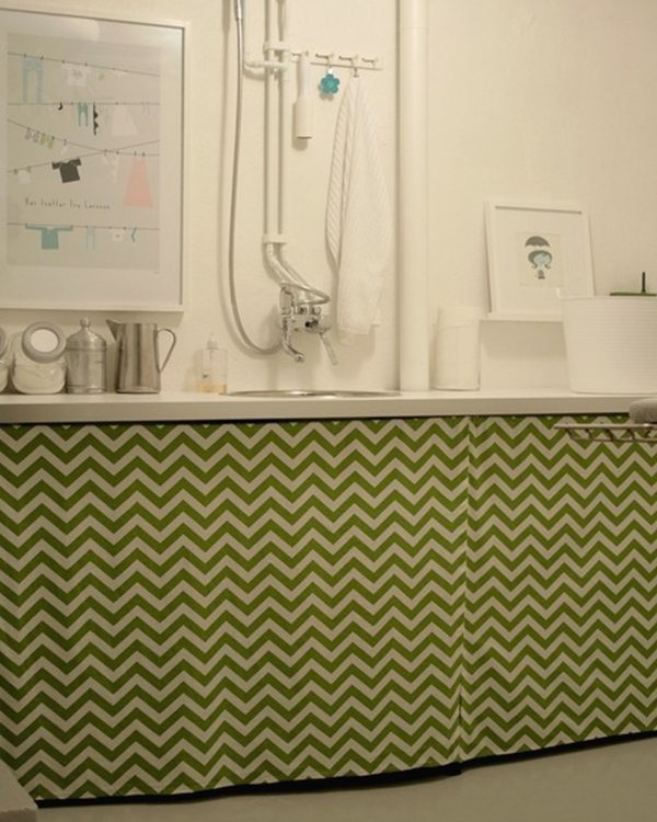 The finished room, chevron curtain running the length of the counter