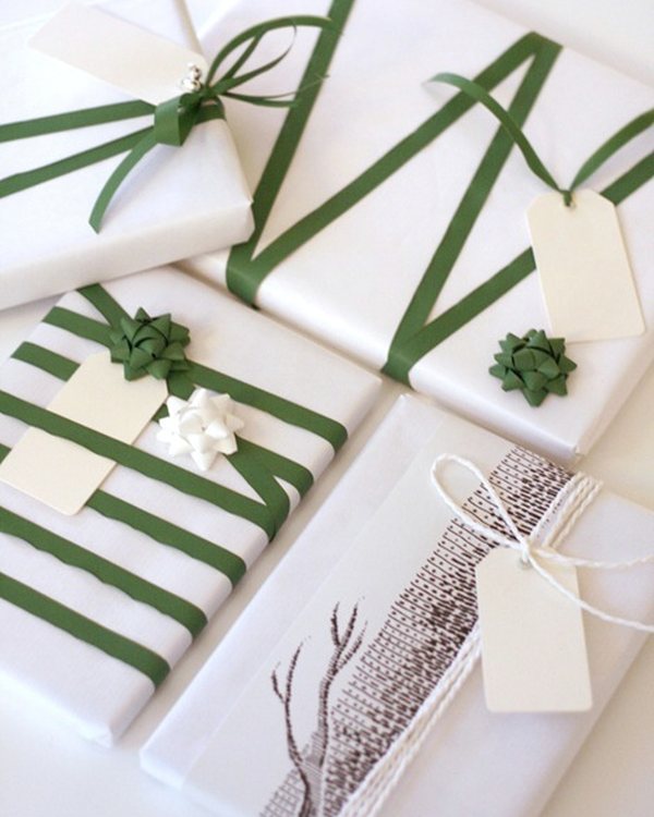 Wrapped parcels with string, tags and paper leaves